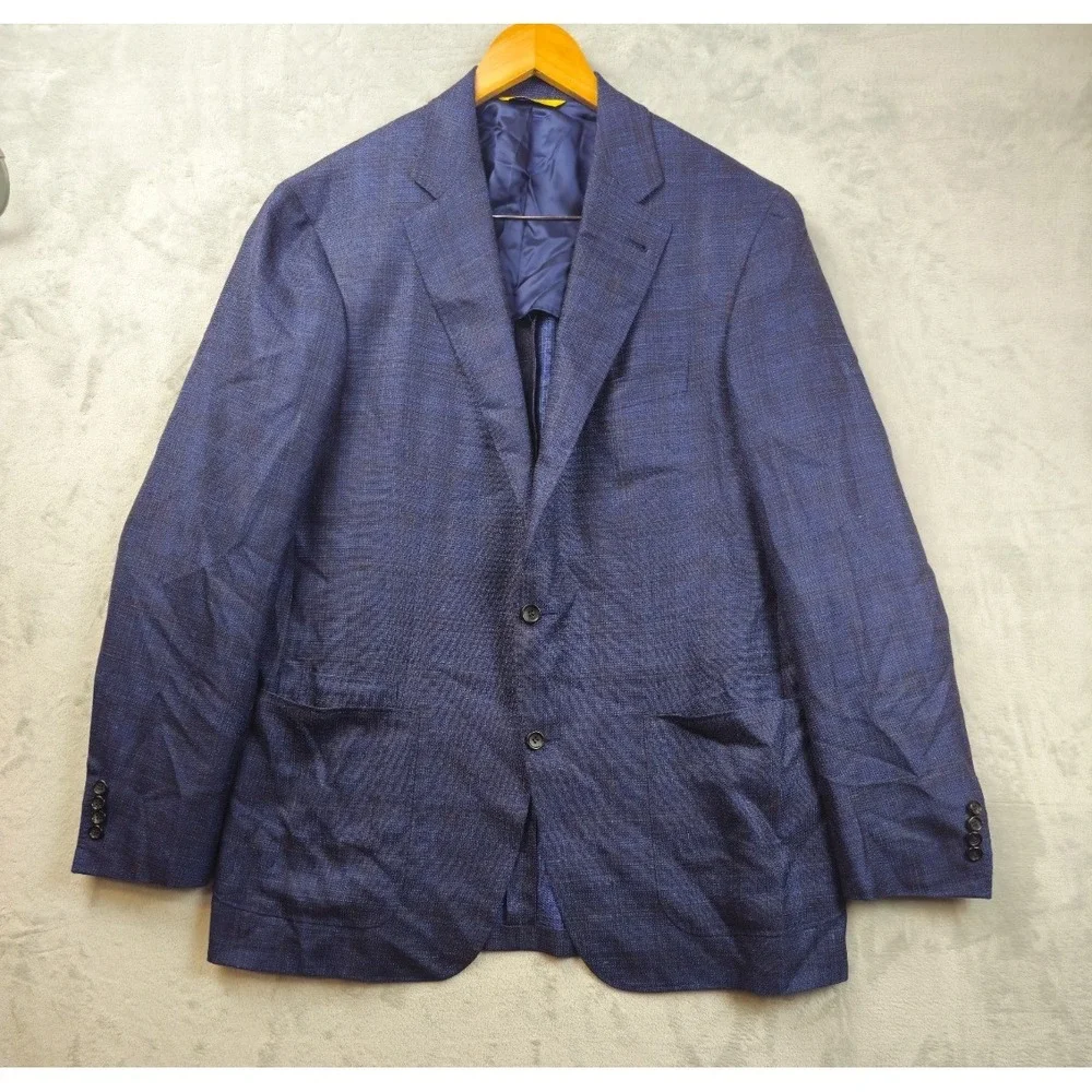 Canali Kei Blazer 56L/46L Navy Blue Plaid Wool Silk Linen Jacket Sport Coat